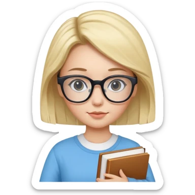 cute girl, glass, smart, Sky-blue colored clothing,
holding a book in one arm and a pen in the other hand.Holding a pen in the right hand as if teaching.Wearing black glasses, with a smart and bright-looking face. sticker