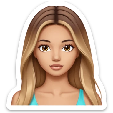 victoria’s secret model with long light brown straight balayage hair, dark eyes  sticker