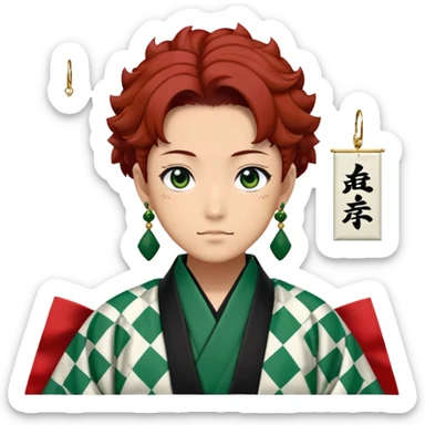 Tanjiro Kamado from Demon Slayer with black and green checkered haori and hanafuda earrings sticker