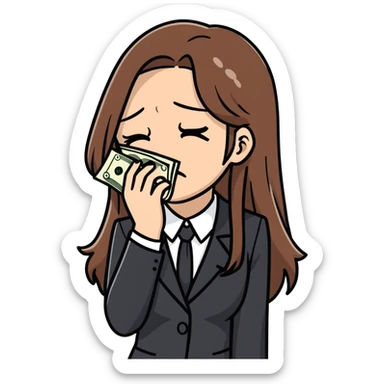 A crying white woman with long brown hair and brown eyes in a black business suit wipes tears from her face by money sticker