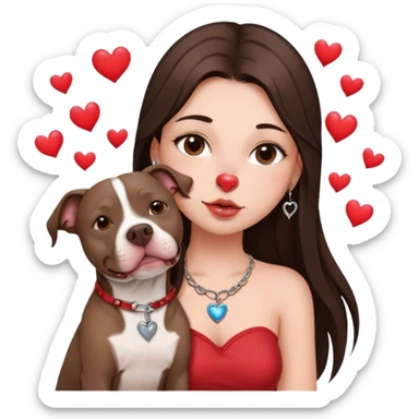 Young girl with long dark brown layered hair hair sits with her one dog who is a pretty girl pitbull with her cell phone in her hand in a small septum ring in her nose was hearts flying all around her sticker