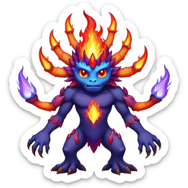 a mystical fast lava creature without arms with molten lava on its head and some rocky shoulders, fire crystals, blue flames, fire legs, no background, purple flames, mystical eyes, 8 arms, calm eyes, psychic powers sticker