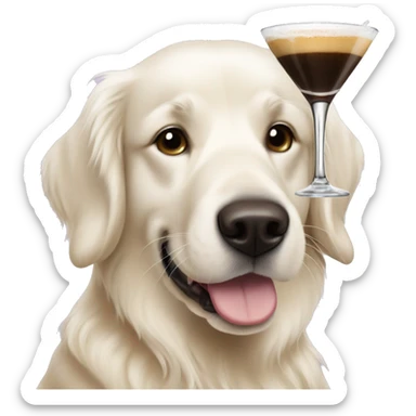 White golden retriever with an espresso martini sticker