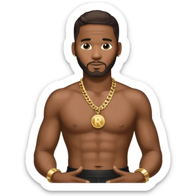 R Kelly with dark brown hair, metallic black pants, shirtless with necklace sticker
