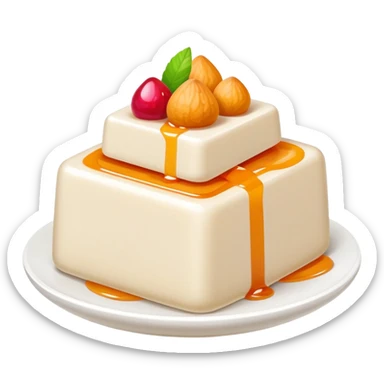 Almond tofu dessert with fruit topping, simplified emoji style with bold outlines and bright colors, cartoon style Xing Ren Doufu jelly sticker