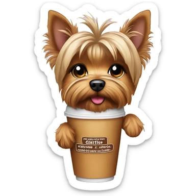 Yorkie dog with iced coffee sticker
