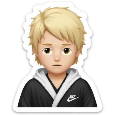 Create a blond boy with long, messy hair, light eyes, a white t-shirt, rich, with long hair, blue eyes, medium-length, voluminous hair, wearing a black Nike bathrobe and a little blush near his nose. and with a balaclava like a ninja and with freckles sticker