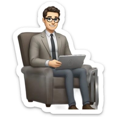 Pale skinned Fit Man With dark brown hair in gray jacket, beige office shirt and vintage glasses sitting In a soft chair with a notebook with emblem Ψ and a pen in his hands sticker