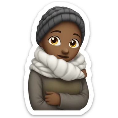 women who is very cold hugging herself to warm, with white face sticker