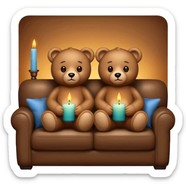 Two cozy teddy bears watching tv on couch with candles next to them sticker