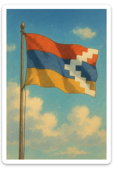 animated flag of Artsakh, fluttering, with a subtle shadow, ghibli-inspired style sticker