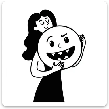 A woman with long black hair holding a toxic emoji sticker