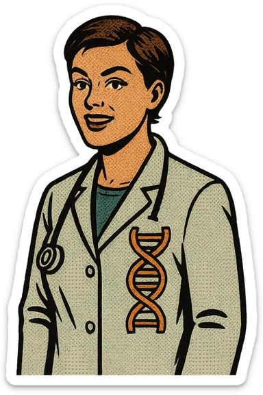 A modern female doctor with short hair wearing a coat with DNA on it sticker
