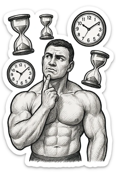 bodybuilder pensieroso che si tiene l'indice sul mento, alle sue spalle fluttuano clessidre e orologi da muro sticker