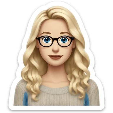 White women, long blonde balayage hair, no smile, blue eyes, beige sweater wearing glasses  sticker