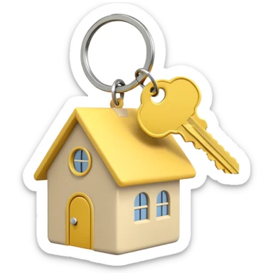 light beige house keychain on keys with a yellow key, emoji style, transparent background, minimalistic sticker