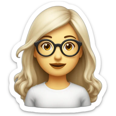  mujer blanca de cara redonda pelo largo liso marrón con lentes sticker