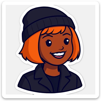 Make the sticker style image have a black beanie on her head and make her wear a black jacket sticker