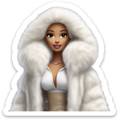 Barbie in an extremely big fluffy oversized white fur coat with hood on. The fur is real and it’s very obvious big and fluffy like in Pinterest  sticker