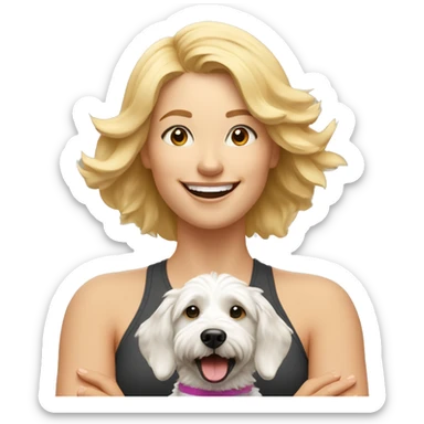 blonde woman expressing joy dressed in a yoga outfit alongside a tri-colored bernadoodle dog sticker