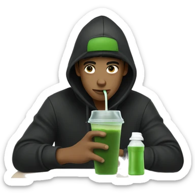 chill guy with black hoodie and black cap  drinking matcha from a plastic bottle sticker