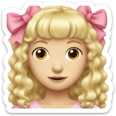 Blonde, pale girl with bangs and curly, long hair with pink bow sticker