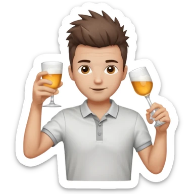 Handsome male.short messy brown hair.mowhawk hairstyle. wearing white golf shirt.grey shorts. Cheersing with a shot sticker