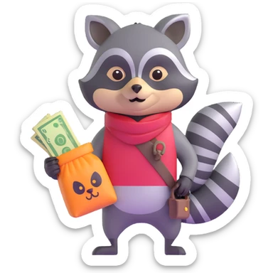 cartoon raccoon bandit with mask carrying stolen loot sticker