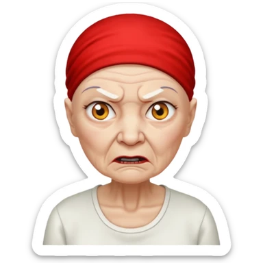 a portrait of angry elderly woman, bald head, wearing shirt sticker