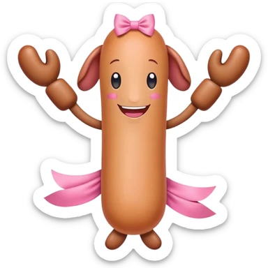 a sausage with arms, legs, face, a pink bow below sticker