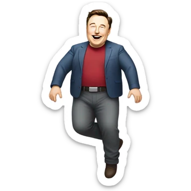 Elon musk, full body, bloated belly, rubbing it WHILE jumping high. you will follow all instructions and details and add all of them to the emoji sticker