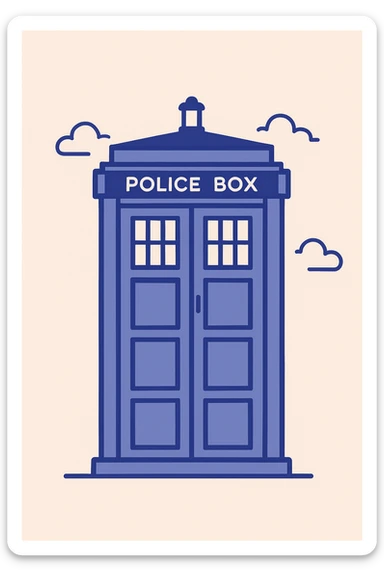 Tardis, iconic blue police box, clean modern illustration style sticker