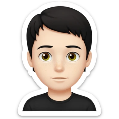 A boy with dark black hair and hazel green and brown eyes and white skin , with freckles and black t shirt  sticker