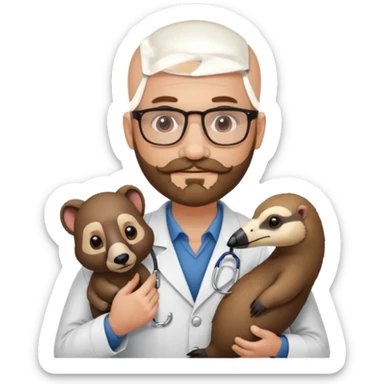 A bald veterinarian with a beard and glasses, mustache holding an the animal is "anteater" oso hormiguero  sticker