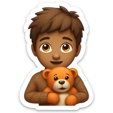 indian kid wearing a brown sweater polo holding a orange teddy bear sticker