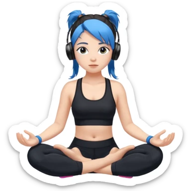 A girl with fair skin and a caring blush. Her eyes are big, expressive, blue. Her hair is long, straight, dark brown.
 in a ponytail 
running, she is wearing black leggings and a black sports bra with headphones meditating in butter top and black leggings sticker
