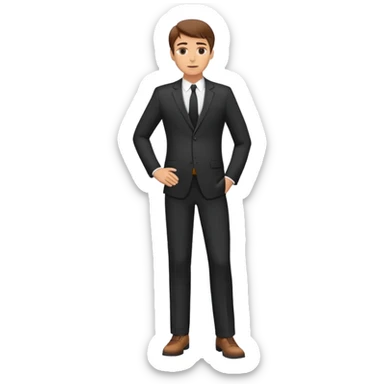 Caucasian male, brown hair, standing wearing dark suit and shoes, with hands on hips sticker