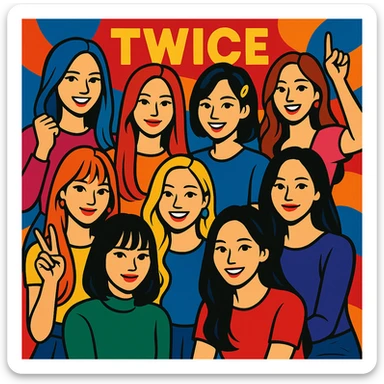 Twice K-pop group, stylized group portrait, vibrant, energetic, modern pop art style sticker