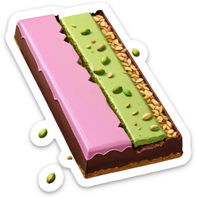 chocolate partially wrapped in elegant pastel pink foil, the top half broken to reveal rich pistachio cream and crispy kataifi strands inside, glossy chocolate surface, detailed texture sticker