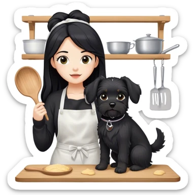 pale girl with long black hair wearing black long sleeve tshirt wearing apron and baking holding black floppy ear schnauzer sticker