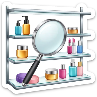 front view magnifying glass over beauty product shelf searching for last item sticker