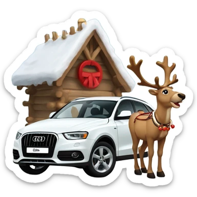 A reindeer harnessed to A white Audi Q3 with a red bridle and golden bells, set in a snowy winter scene. sticker