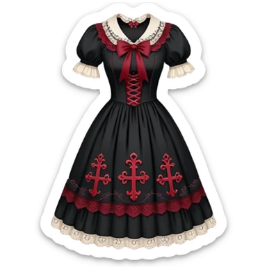 A beautiful Lolita dress with laces, cross-stitches, dark gothic color palette theme, strings, traditional vintage patterns textile, beautiful, aesthetic clothing sticker