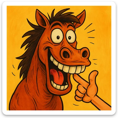Make the finger bent inside the mouth of the horse, keeping the fun and expressive style, same background. sticker