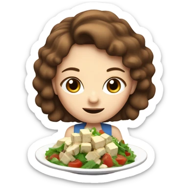 White girl Brown hair blue eyes freackles eating Tofu salad with fork sticker