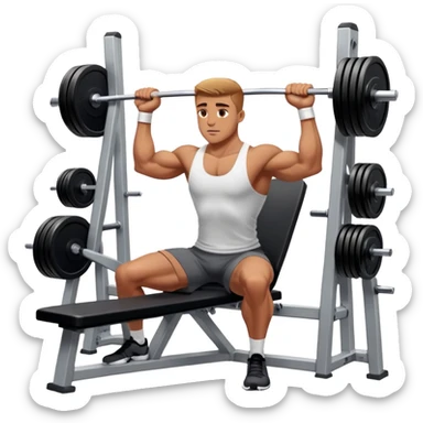 A focused athlete working out on a strength training machine in a modern gym. Muscles engaged, expression determined, demonstrating power and endurance. The gym is filled with equipment like dumbbells, barbells, and mirrors reflecting effort, creating a high-energy atmosphere. sticker