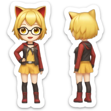 anime girl with short yellow hair, red glasses, cat ear, idol costume sticker