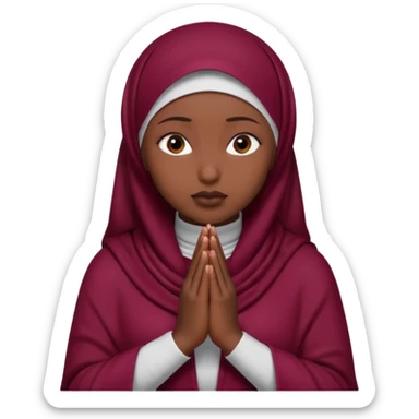 darkskin muslim black woman praying with burgundy hijab hyper realistic face, islamic prayer position  sticker