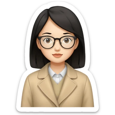 asian young woman black-haired in beige coat with glasses sticker
