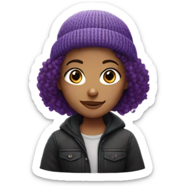 Girl with purple curly hair wearing a black beanie sticker